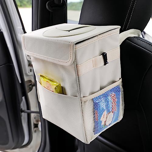 AOKJOY Car Garbage can with lid Leak Proof Vehicle Trash Can 3 Storage Pockets Hanging Waterproof car Trash Bag for SUV Beige - Image 6