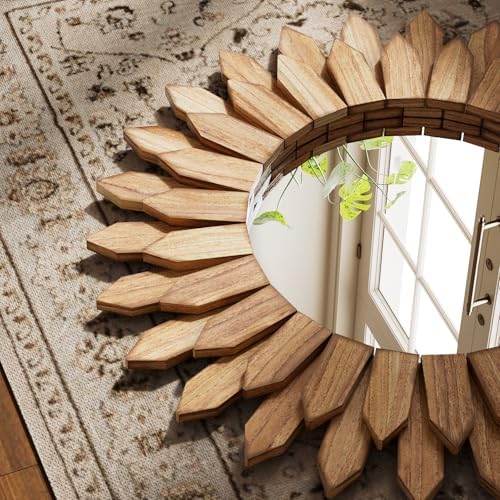 20" Round Sunburst Wooden Mirror Boho Rustic Wall Decor - Image 3