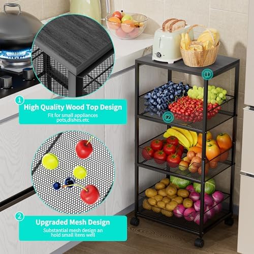 HapiRm Fruit Basket Kitchen Cart - 4-Tier Rolling Storage Cart with Wheels, Fruit Vegetable Basket with Wood Top, Pantry Utility Kitchen Organizer for Fruit Potato Onion Vegetable Bread Snack - Image 5