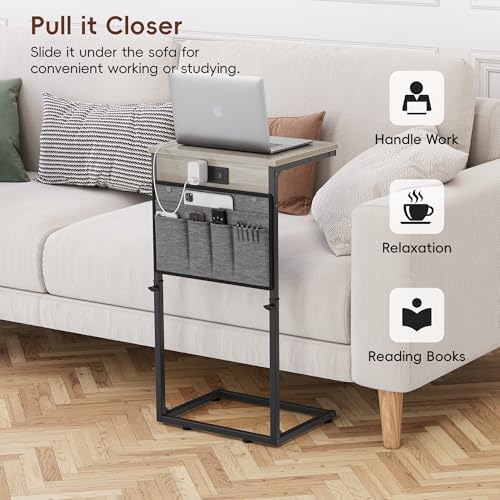Vagusicc C-Shaped End Table with Charging Station, Small Side Table for Couch, 33" Tall C Table Adjustable Height Side Table, Couch Tables that Slide Under, Sofa Table TV Tray for Living Room,Gray - Image 7