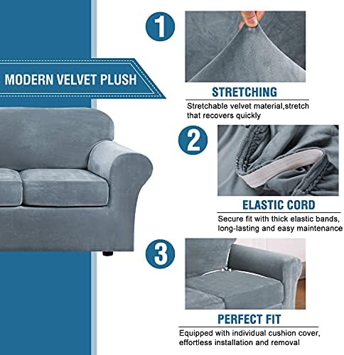 H.VERSAILTEX Modern Velvet Plush 4 Piece High Stretch Sofa Slipcover Sofa Cover Furniture Protector Form Fit Luxury Thick Velvet Sofa Cover for 3 Cushion Couch Width Up to 90 Inch (Sofa,Stone Blue) - Image 3