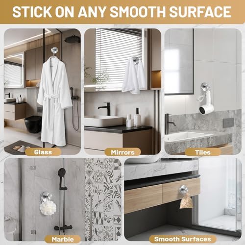 Large Suction Cup Hooks, Heavy Duty 15lb Holds Towel & Robe, No-Drill Shower Bathroom Hooks for Tile Wall Glass Mirror, Mounts on Smooth Non-Porous Surfaces (2 Pack, Brushed Nickel) - Image 3