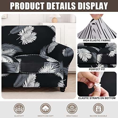 SearchI Stretch Sofa Cover Printed Couch Covers, Floral Pattern 2 Piece Armchair Slipcover with Separate Chair Cushion Cover, Washable Furniture Protector for Living Room(Armchair, Black+Palm Leaves) - Image 2