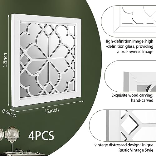Tatuo 4 Pcs Mirrors Square Wall Mirror, Gorgeous Rustic Farmhouse Accent Mirror, Rustic for Bathroom Renovation Bedrooms Living Rooms, 12 x 12 Inch(Pure White) - Image 3