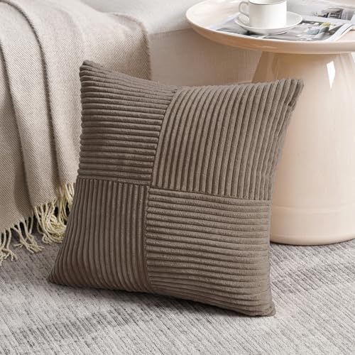 Fancy Homi Set of 2, Light Brown Patchwork Corduroy Decorative Soft Striped Modern Accent Cushion Case Farmhouse Boho Neutral Throw Pillow Covers for Chair Couch Bed Sofa Living Room 20x20 Inch - Image 2