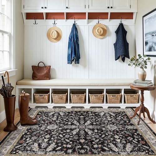 4x5 Kitchen Rug Washable Non-Slip – Soft Low Pile Indoor Carpet for Entryway Bathroom Living Room Bedroom – Boho Floral Small Throw Area Rug (Black,4x5) - Image 4