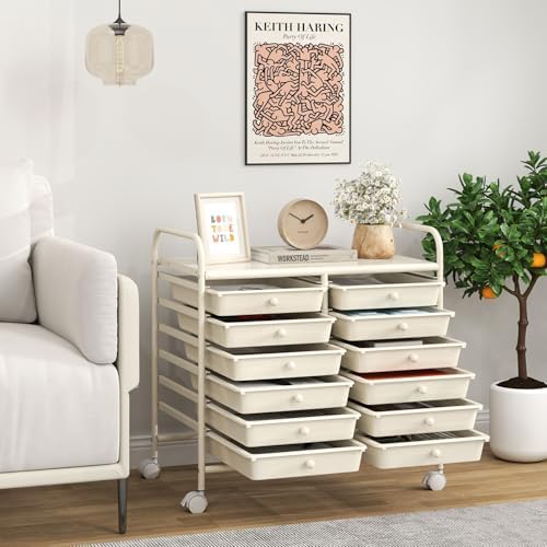 Giantex 12 Drawers Rolling Cart, Mobile Storage Drawer Cart, Classroom Organizer Cart for Office School Supplies Tools Scrapbook Paper Craft Small Printer, Utility Cart on Wheels, White - Image 2