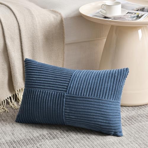 Fancy Homi 2 Packs Dusty Blue Long Lumbar Decorative Throw Pillow Covers 12x24 Inch for Couch Bed Sofa, Rustic Farmhouse Boho Home Decor, Soft Striped Corduroy Rectangle Accent Cushion Case 30x60 cm - Image 2