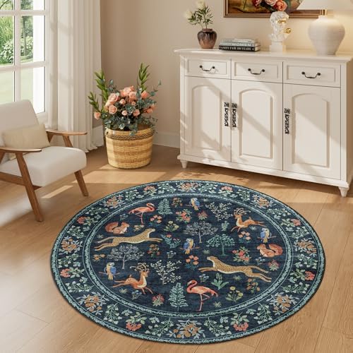 DUKINO 4ft Round Rug, Washable Animal Round Area Rug Non Slip, Navy Blue - Image 4