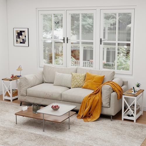 Hadulcet Farmhouse End Tables Living Room Set of 2, Narrow Side Table with Charging Station, Slim Nightstand for Small Space, Skinny Bedside Table, Sofa Side Table with Storage Shelf, White & Brown - Image 2