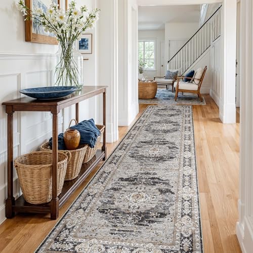 3x14 Washable Hallway Runner Rug - Non-Slip Vintage Kitchen Rugs Black Gray - Image 2