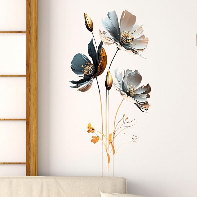 Luxury Silver Gray Gold Floral Wall Stickers 3D Flower Wall Decals Peel and Stick Wall Art Decor for Bedroom Living Room Office Dormitory by Unknown