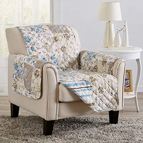Great Bay Home Reversible Floral Patchwork Chair Furniture Protector - Machine Washable, Scalloped Edge, Stain Resistant, Printed Furniture Cover for Dogs, Kids, and Pets (Taupe/Blue) by GreatBayHome