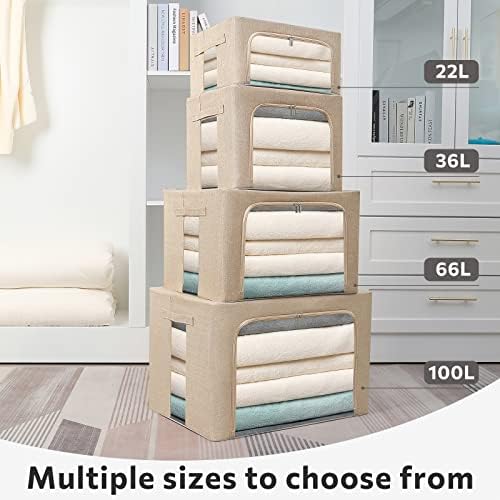 FHSQX 2 Pack Clear Window Storage Bins - Large Stackable Linen Fabric Storage for Clothes Foldable Container Organizer Set with Carrying Handles (Beige, 19.7x 15.7x 12.6 Inch) - Image 6