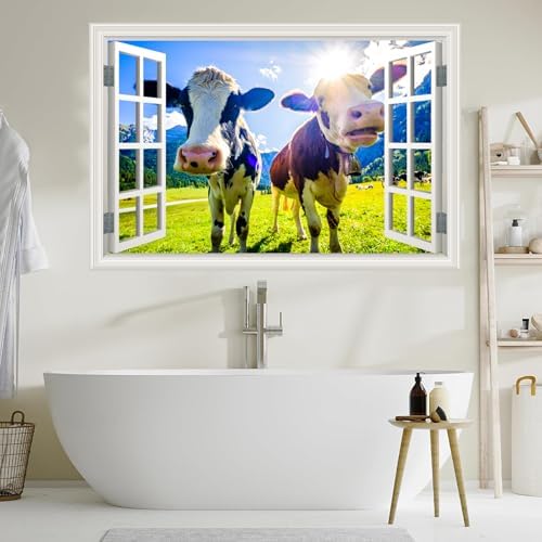 Fake Window Wall Decal - Funny Peeking Farm Cow Grassland Scene Art Sticker | ｜Faux Window Natural Scenery Landscape Mural ｜ Stick and Peel Wall Decals｜for Room Bedroom Office Scene Picture Decor｜24"x16" - Image 6