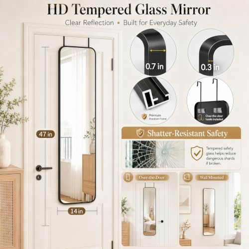 SCWF-GZ 47x14 Full Length Mirror Over the Door,Wall Mounted/Rope Hang Black - Image 2