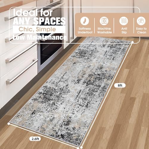 Runner Rugs for Hallways Kitchen 2.6x8 Non Slip Washable Black Grey Gold - Image 2