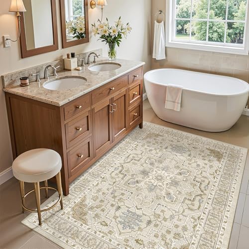 Madane Washable Entry Rug 3x4 Area Rugs for Entryway Kitchen, Beige/Blue - Image 3