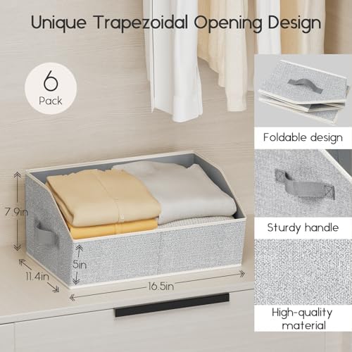 Homsorout Large Closet Organizers and Storage Bins - 6 Pack Trapezoid Storage Baskets for Shelves, Foldable Fabric Baskets with Handles Ideal for Closet, Basket, Wardrobe and Shelf Storage, Light Grey - Image 2