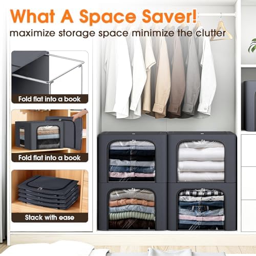 8 Pack Clothes Storage Bins with Metal Frame,Stackable Organizer Bins with Handles for Closet & Bedroom(Light Grey) - Image 3