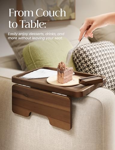 HOLANA 15.75" Acacia Couch Armrest Table with Phone Holder, Walnut Color - Image 5
