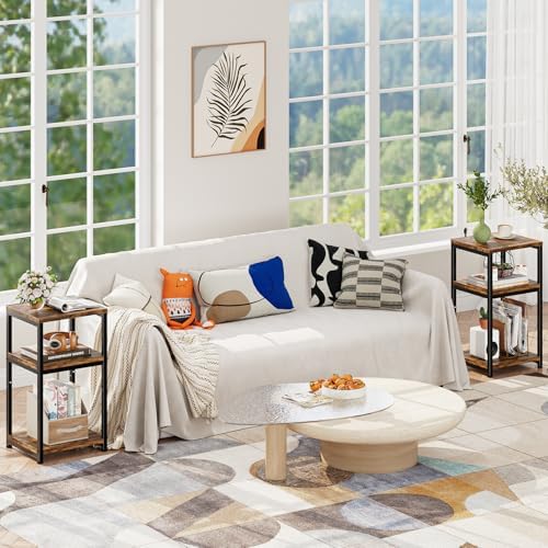 Simple Trending Side Table, End Table Night Stand, 3 Tiers Shelf for Living Room, Rustic Brown - Image 2