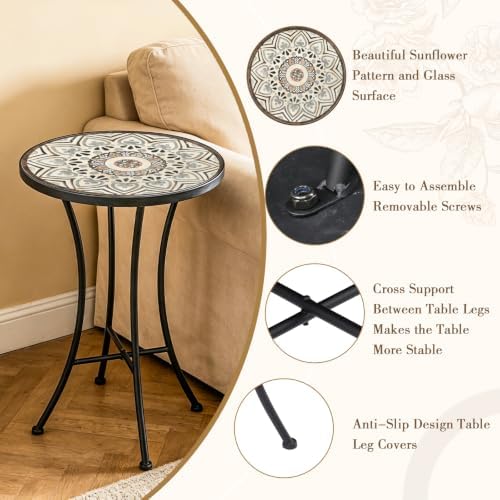 MUMTOP 14" Mosaic Outdoor Side Table, Small Round Patio Accent Table,Beige - Image 5