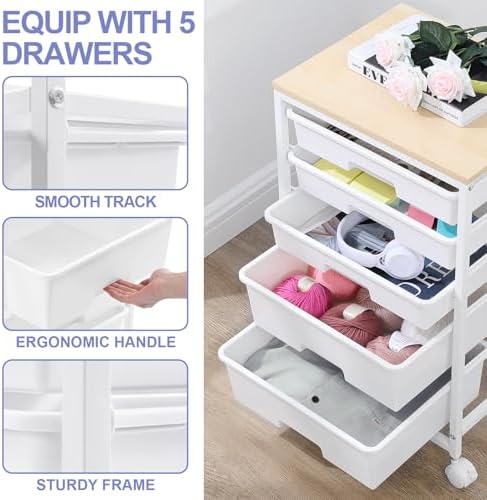 SYKIARIOL Rolling Cart with Drawers, 5 Drawers Utility Cart, Bright White - Image 4