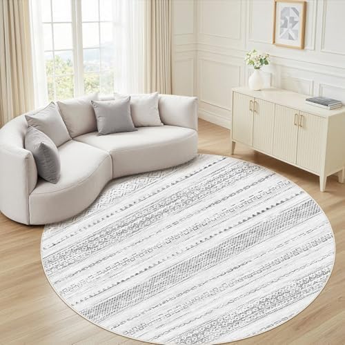 Nakagishi Round Rug Boho Area Rugs: 8x8 Washable Large Circle Neutral Soft Stain Resistant Non-Slip Carpet for Women Aged 25-45 Farmhouse Decor Enthusiasts - Living Room Bedroom Dining Room Nursery by NakagishiAreaRug