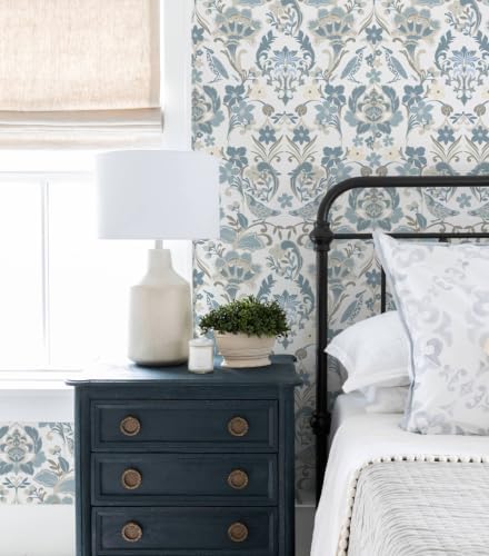 Vintage Peel and Stick Wallpaper, Light Blue Beige Traditional Damask Floral Removable Wallpaper for Bedroom Closet Accent Wall, Farmhouse Cottage Home Decor (Soft Blue, 17.3"x78.74") - Image 3