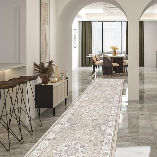 Hallway Washable Runner Rug - 2'6x14 Kitchen Rugs Entryway Rug Runner Vintage Soft Floor Mat Non Slip Indoor Farmhouse Carpet for Bathroom Living Room Bedroom (2'6''x14', Beige) by HYHAOYUNLAI