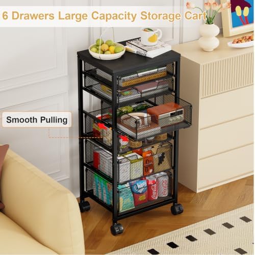 Sbanmao 6 Drawers Rolling Utility Cart, Rolling Storage Cart with Wooden Tabletop, Storage Drawer Cart on Lockable Wheels, Craft Cart for Bedroom, Classroom, Office, Black - Image 6