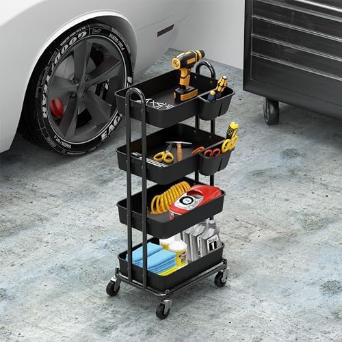 Simple Houseware 4-Tier Rolling Utility Cart with Hanging Bucket, Black - Image 5