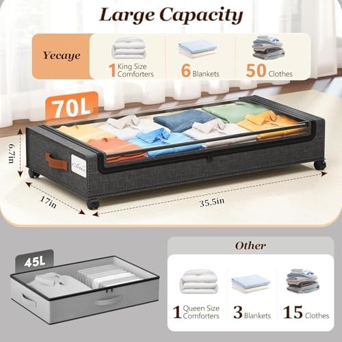 Yecaye 70 L Under Bed Storage with Wheels, 3 Pack Larger Capacity Under Bed Storage Containers, Underbed Shoe Storage Organizer, Rolling Under Bed Metal Drawers for Clothes, Blankets, Hemp Grey - Image 2