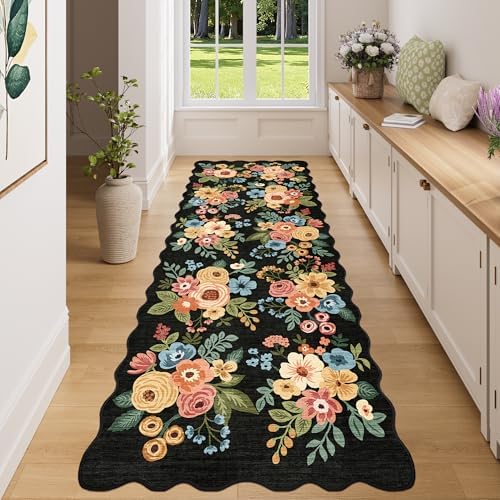 DUKINO 3x8 Kitchen Runner Rug, Soft Floral Washable Rug for Hallway, Black by DUKINO