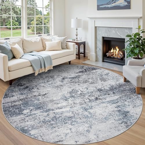 Aelenmu Round Rug 8ft Washable Rug for Dining Room Living Room Blue Grey by Aelenmu