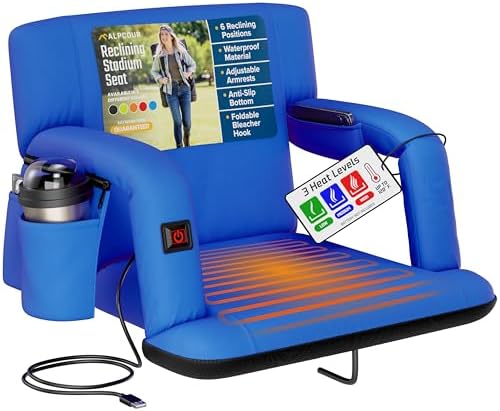 Alpcour Heated Reclining Stadium Seat for Bleachers – Wide Bleacher Chair with Back Support and Cushion, Armrests, Side Pockets, & Hook – Stadium Seats Chairs for Camping, Kayak, Paddle Board & More by Alpcour