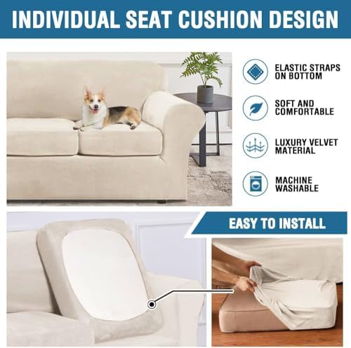 H.VERSAILTEX 3 Piece Stretch Sofa Covers Couch Covers for 2 Cushion Couch Loveseat Covers Width Up to 72 Inch Feature Thick Soft Stay in Place (Medium Sofa, Cream) - Image 7