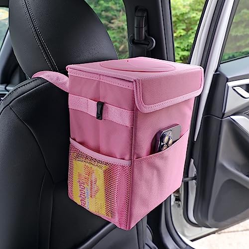 AOKJOY Car Garbage can with lid Leak Proof Vehicle Trash Can 3 Storage Pockets Hanging Waterproof car Trash Bag for SUV Pink - Image 6