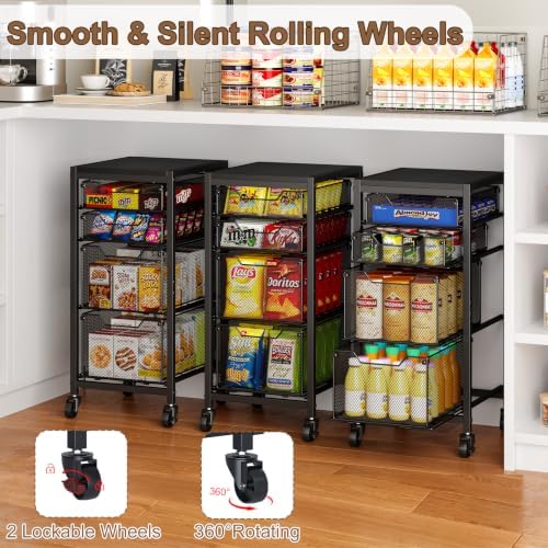 Rolling Storage Cart with Drawers, Under Desk Storage with Wooden Tabletop & Lockable Wheels, 4-Tier Storage Drawers for Bathroom, Craft, Office, Black - Image 4