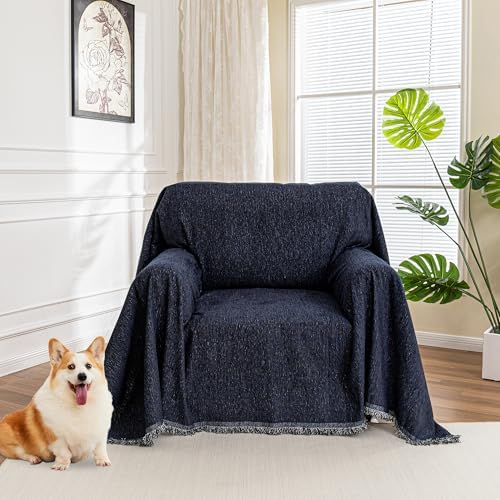 MYSKY HOME Chair Couch Covers - Sectional Couch Covers for Pet Sofa Covers - Non Slip Soft Couch Cover, Washable Furniture Protector - Slipcover with Tassel Sofa Throws, 71"x91", Navy Blue by MYSKYHOME