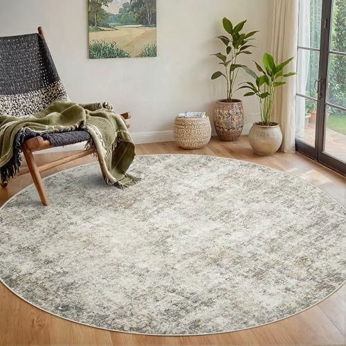Aelenmu Round Rug 5ft Washable Rug for Dining Room Living Room Beige Brown by Aelenmu