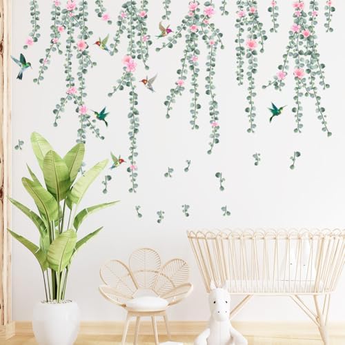 Hanging Green Vine Wall Decals,Succulent Plants Wisteria Floral Flowers Butterflies Birds Wall Stickers, Self-Adhesive Vinyl Removable Living Room Sofa TV Wall Decor - Image 3