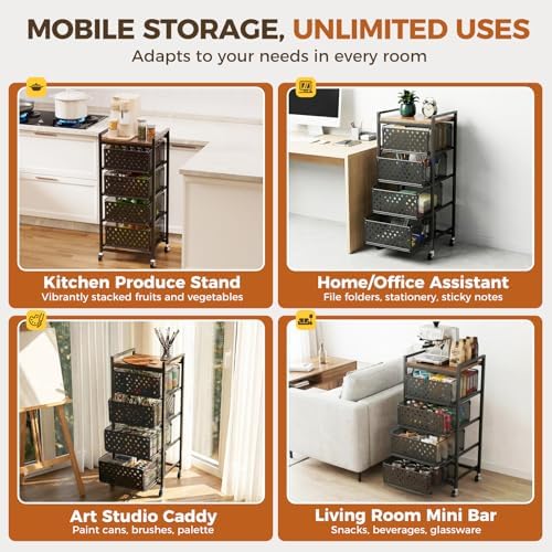 5 Tier Kitchen Storage Cart with Wheels, Utility Fruit Vegetable Storage Rack Stand with Pull-Out Baskets & Wood Top, Metal 4-Drawers Rolling Snack Cart, Kitchen Cart for Potato Onion(Black) - Image 5