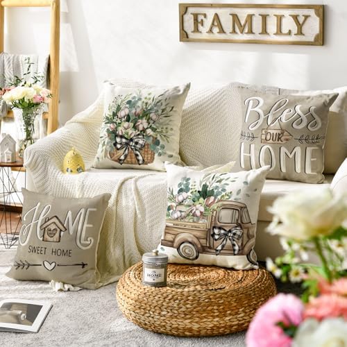 AVOIN Colorlife Bless Our Home Farmhouse Eucalyptus Leaves Throw Pillow Covers, 16 x 16 Inch Truck Home Sweet Cushion Case Decorations Set of 4 - Image 2