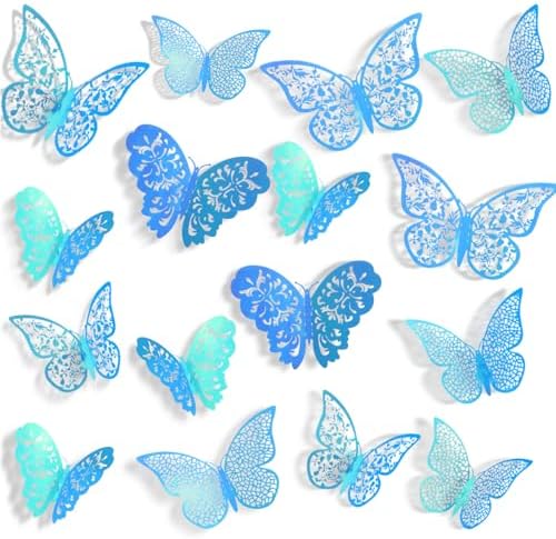 Bememo 72 Pcs 3D Butterfly Wall Decals, 3 Sizes,Holographic Blue | Metallic Hollow Design for Bedroom Living Room, Removable Adhesive Wall Decor, Easy Peel Stick Party Decoration Stickers by Bememo