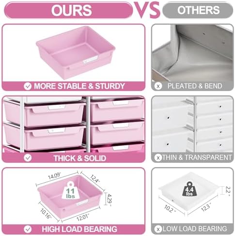 10 Drawers Rolling Cart with Wooden Tabletop, Utility Storage Cart with Wheels, Art Supply Craft Organizer on Wheel with Metal Frame & Handles for Home Office School,Pink - Image 7