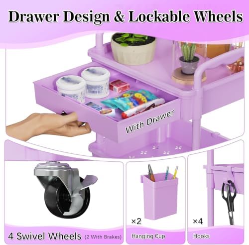 SUNALLY 3 Tier Rolling Cart with Drawer,Craft Storage Cart Organizer,Purple - Image 3