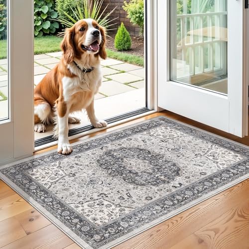 Washable 2x3 Entryway Area Rug: Vintage Soft Thin Door Mat with Non Slip Backing Water Resistant Carpet for Bedroom Low Pile Floor Mat for Kitchen Bathroom Laundry Easy Clean Rug for Family(2x3,Grey) by HYHAOYUNLAI