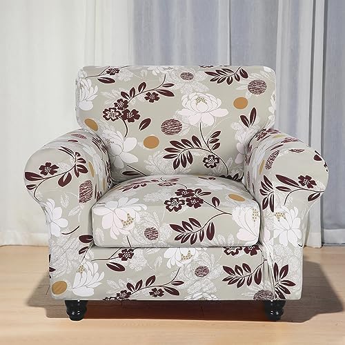 SearchI Stretch Sofa Cover Printed Couch Covers, Floral Pattern 2 Piece Armchair Slipcover with Separate Chair Cushion Cover, Washable Furniture Protector for Living Room(Armchair, Brown Flowers) - Image 5